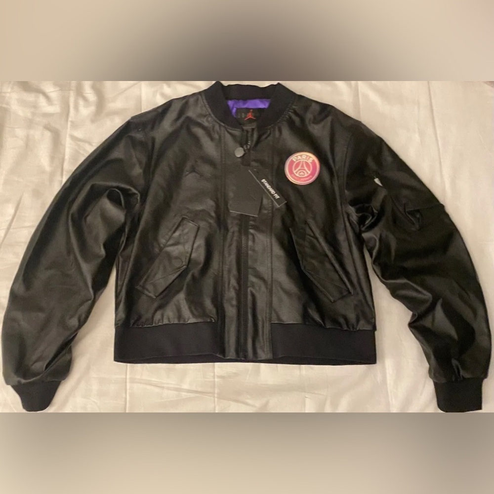 Jordan PSG Paris Saint Germain Bomber Leather Black Jacket CZ7499-010 Women’s Sz